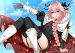  anoshabu astolfo_(fate) black_bow blue_sky bow braid day elbow_gloves fang fate/apocrypha fate/grand_order fate_(series) garter_straps gloves hair_ribbon long_hair male_focus multicolored_hair outstretched_hand pink_hair ribbon sky smile streaked_hair thighhighs very_long_hair white_hair 
