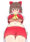  akabeco ascot ass_visible_through_thighs belly blush bow breasts brown_hair commentary_request cookie_(touhou) detached_sleeves fat_folds from_behind hair_bow hair_tubes hakurei_reimu highres large_breasts looking_at_viewer midriff navel no_bra plump red_bow red_eyes reu sidelocks simple_background solo thigh_gap touhou underboob white_background 