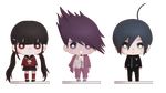  1girl 2boys beard danganronpa facial_hair goatee harukawa_maki jacket jacket_on_shoulders momota_kaito multiple_boys new_danganronpa_v3 open_mouth pants purple_eyes purple_hair saihara_shuuichi school_uniform shirt short_hair simple_background smile space_print spiked_hair 