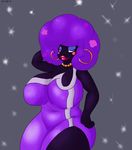  abstract_background afro big_breasts blush breasts clothing dress ear_piercing eyeshadow female hair huge_breasts jewelry lipstick locoroco looking_at_viewer majoline makeup moja necklace not_furry piercing purple_hair red_eyes solo starit thick_lips 