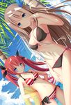  bikini black_bikini blonde_hair blue_eyes blush bow breasts cleavage cloud condensation_trail day dutch_angle eyebrows_visible_through_hair feathers green_eyes hair_feathers hair_ribbon highres innertube lexington_(zhan_jian_shao_nyu) long_hair looking_at_viewer medium_breasts multiple_girls muq navel pink_hair revision ribbon shade side-tie_bikini small_breasts smile striped striped_bikini summer swimsuit taihou_(zhan_jian_shao_nyu) transparent twintails very_long_hair zhan_jian_shao_nyu 