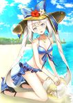  absurdres ball beach beachball blue_bow blue_eyes blue_ribbon blush bow day eyebrows_visible_through_hair fate/grand_order fate_(series) hat hat_bow high_heels highres holding holding_ball long_hair looking_at_viewer marie_antoinette_(fate/grand_order) marie_antoinette_(swimsuit_caster)_(fate) outdoors ribbon seiza silver_hair sitting smile solo telaform twintails water 