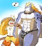  2017 beach canine cat clothing feline fenrir(housamo) gnj97 male male/male mammal muscular seaside sitri size_difference speedo summer swimming_trunks swimsuit tokyo_afterschool_summoners wolf 