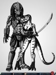  amora anthro anthrosaurs armor bra breasts claws clothing digital_media_(artwork) dinosaur female kashyll_(predaguy) katana melee_weapon predaguy predator_(franchise) scalie stripes sword theropod underwear weapon yautja 