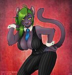  2015 amber_eyes anthro balls big_breasts breasts bulge cleavage clothed clothing dickgirl digital_media_(artwork) ear_piercing feline fur green_hair hair intersex jasmine_(hexxia) licking licking_lips looking_at_viewer mammal necktie nim-nim panther pants penis piercing simple_background skimpy smile solo standing thong tongue tongue_out 