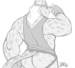 anthro butt clothed clothing drks feline jockstrap looking_at_viewer male mammal monochrome muscular null-ghost simple_background solo teasing underwear white_background 