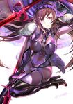  1girl bodysuit boots brown_eyes brown_hairband covered_navel dual_wielding fate/grand_order fate_(series) hairband headwear high_heels highres holding polearm scathach_(fate)_(all) scathach_(fate/grand_order) shoulder_pads solo spear thigh_boots thighhighs weapon 