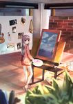  2017 absurdres animal art_brush bangs blue_eyes blush bow canvas_(object) cat closed_mouth dated easel eromanga_sensei eyebrows_visible_through_hair frills full_body guitar hair_bow highres holding indoors instrument izumi_sagiri lavender_hair long_hair looking_at_viewer low-tied_long_hair paint paintbrush painting painting_(object) pajamas picture_(object) pink_bow pink_ribbon plant ribbon sidelocks signature slippers solo standing sunlight yu_ming 