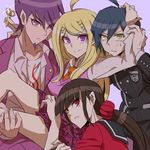  2boys 2girls akamatsu_kaede beard blonde_hair danganronpa facial_hair goatee harukawa_maki jacket looking_at_viewer male_focus momota_kaito multiple_boys multiple_girls new_danganronpa_v3 open_mouth pants purple_eyes purple_hair saihara_shuuichi school_uniform shirt short_hair smile spiked_hair 