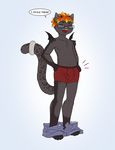  black_fur blonde_hair boxers_(clothing) bulge clothing cub eyes_closed eyewear feline fur glasses hair leopard malachyte male mammal navel open_mouth orange_hair pants_around_ankles pink_nose simple_background snow_leopard solo teenager underwear wings young 