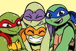  2017 anthro bandanna blue_eyes blush chipped_shell donatello_(tmnt) eyes_closed freckles green_background green_eyes group hug hugging_from_behind inkyfrog leonardo_(tmnt) looking_at_viewer male mask michelangelo_(tmnt) open_mouth open_smile raphael_(tmnt) reptile scalie shell simple_background smile teenage_mutant_ninja_turtles tooth_gap turtle 