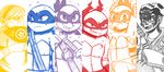  2017 anthro april_o&#039;neil bandanna casey_jones chipped_shell clothed clothing donatello_(tmnt) elbow_pads face_paint female freckles gloves group hairband hand_fan hand_wraps hockey_mask hockey_stick holding_object human inkyfrog leonardo_(tmnt) male mammal mask michelangelo_(tmnt) partially_colored raphael_(tmnt) reptile scalie shell simple_background teenage_mutant_ninja_turtles tooth_gap turtle white_background wraps wrist_wraps 