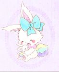  blush bow chibi cute eyes_closed female fur happy hug kemono lagomorph long_ears mammal mell pawpads plushie rabbit sanrio sitting smile solo t.p. white_fur wish_me_mell 