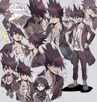  1boy beard danganronpa facial_hair goatee jacket jacket_on_shoulders male_focus momota_kaito new_danganronpa_v3 open_mouth pants purple_eyes purple_hair school_uniform shirt short_hair simple_background smile space_print spiked_hair 