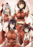  bare_shoulders black_hair borrowed_character bow breasts brown_eyes brown_hair detached_sleeves glasses grey_hair grin hair_bow hair_ribbon large_breasts long_hair m.u.g.e.n multiple_girls navel original ribbon sendai_hakurei_no_miko short_hair smile smirk touhou wide_sleeves yohane 