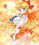  aino_minako artist_name ass at_classics bangs bishoujo_senshi_sailor_moon blonde_hair blue_eyes blush bow breasts closed_mouth covered_nipples cowboy_shot earrings eyebrows_visible_through_hair forehead_jewel gloves hair_bow hand_up jewelry large_breasts leaf long_hair looking_at_viewer microskirt orange_skirt panties pleated_skirt red_bow sailor_senshi_uniform sailor_venus sample short_sleeves skirt smile solo traditional_media underwear very_long_hair watermark white_gloves white_panties 