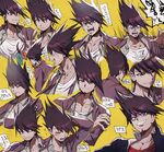  1boy beard danganronpa facial_hair goatee jacket jacket_on_shoulders male_focus momota_kaito new_danganronpa_v3 open_mouth pants purple_eyes purple_hair school_uniform shirt short_hair simple_background smile space_print spiked_hair 