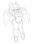  anthro bat big_breasts black_and_white breasts cleavage clothed clothing eyelashes female footwear grin half-closed_eyes hands_behind_head high_heels mammal midriff monochrome orangekissess rouge_the_bat shoes signature smile solo sonic_(series) wings 
