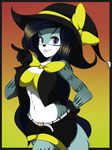  anthro breasts canine cleavage clothed clothing female fur green_fur hair halloween holidays long_hair looking_at_viewer mammal peace_sign_(disambiguation) sachavayle smile solo stripes trish_eledon_(character) two-tone_eyes vest white_fur witch_costume witches_hat wolf 