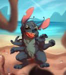  2014 4_arms 4_fingers 4_toes alien antennae beach black_eyes blue_claws blue_fur blue_nose chest_tuft claws depth_of_field detailed_background digital_media_(artwork) disney experiment_(species) fangs flag fur hawaii head_tuft kyander lilo_and_stitch multi_arm multi_limb notched_ear open_mouth open_smile realistic sand sand_castle sculpture seashell seaside smile solo_focus stitch toe_claws toes tongue tongue_out tuft watermark 