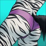  2010 anthro biped black_fur black_stripes black_tail briefs butt butt_shot clothed clothing digital_media_(artwork) equine faceless_male fur green_background low_res male mammal multicolored_fur purple_bottomwear purple_clothing purple_underwear rear_view simple_background solo striped_fur stripes stripes_(character) tikky topless two_tone_fur underwear white_fur zebra 