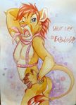  anthro blue_eyes clothed clothing craeque evilkitty3 feline girly hair harness lion long_hair looking_at_viewer male mammal nude open_mouth pose red_hair scarf solo teeth text wristband 