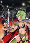  1girl 80s armor bikini_armor black_hair bracer cape green_hair grin holding holding_sword holding_weapon horns kahm long_hair manabe_jouji navel official_art oldschool outlanders pauldrons sheath smile sword sword_fight thighhighs wakatsuki_tetsuya weapon 