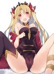  ass bare_shoulders black_legwear blonde_hair blush breasts cameltoe crown earrings ereshkigal_(fate/grand_order) fate/grand_order fate_(series) highres jewelry long_hair looking_at_viewer medium_breasts mom_29_mom open_mouth red_eyes single_thighhigh sitting solo spine spread_legs sweat thighhighs twintails 