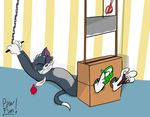  anthro bdsm bondage bound cat eyes_closed feathers feline guillotine male mammal pawfun_(artist) predicament_bondage solo stocks tickling tom_(tom_&amp;_jerry) tom_and_jerry 
