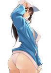  amamiya_natsumi arm_up ass baseball_cap black_hair blue_eyes blush breasts cowboy_shot from_side hair_between_eyes hand_on_headwear hat jacket jacket_tug kekemotsu large_breasts long_hair long_sleeves looking_at_viewer open_clothes open_jacket open_mouth original simple_background sleeves_past_wrists solo swimsuit swimsuit_under_clothes track_jacket turtleneck white_background white_swimsuit 