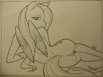  anthro anthrofied anus bedroom_eyes bhawk butt cutie_mark equine eyelashes feathered_wings feathers female fluttershy_(mlp) friendship_is_magic hair half-closed_eyes hi_res line_art long_hair long_tail looking_at_viewer looking_back lying mammal my_little_pony nude on_side pegasus pussy seductive signature smile solo wings 