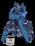  &lt;3 2017 5_fingers anthro arm_support beverage biped black_background blue_fur blue_hair brandon_stone bust_portrait clothed clothing coffee cup digital_media_(artwork) equine front_view fur hair hat hi_res horse humanoid_hands inner_ear_fluff leaning_on_elbow long_hair male mammal military navy portrait red_eyes simple_background snout solo star_shooter tired uniform 