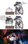  3koma :d :o anchor_symbol brown_eyes closed_eyes comic commentary english flat_cap food food_on_head gangut_(kantai_collection) hat hibiki_(kantai_collection) highres kantai_collection long_hair long_sleeves milky_way multiple_girls nebula neckerchief object_on_head oktyabrskaya_revolyutsiya_(kantai_collection) open_mouth pot raythalosm remodel_(kantai_collection) sailor_collar school_uniform serafuku smile space star_(sky) sweat v-shaped_eyebrows white_hair 