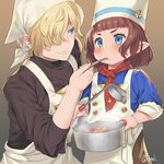  &gt;:) androgynous apron artist_name bangs black_shirt blonde_hair blue_eyes blunt_bangs blush bridgette_(granblue_fantasy) brown_hair chef_hat chef_uniform closed_mouth cordelia_garnet feeding food gradient gradient_background granblue_fantasy hair_over_one_eye harvin hat holding holding_pot ladle looking_at_another multiple_girls obui pointy_ears pot reverse_trap shirt short_hair signature smile soup turtleneck v-shaped_eyebrows white_apron 