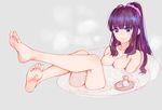  ahoge bangs barefoot bathing blue_eyes blunt_bangs bottle breasts cleavage closed_mouth eyebrows_visible_through_hair feet grey_background highres large_breasts legs_up looking_at_viewer md5_mismatch mole mole_on_breast new_game! nude onsen partially_submerged ponytail purple_hair sake_bottle sidelocks simple_background soles solo steam takimoto_hifumi toenails toes tokkuri tray wavy_mouth wet xiaoshou_xiansheng 