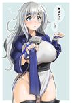  ainu_clothes bandana_removed black_legwear blue_eyes blush breasts cropped_jacket headband highres kamoi_(kantai_collection) kantai_collection large_breasts long_hair long_sleeves looking_at_viewer ryuun_(stiil) sideboob sidelocks solo thick_eyebrows thighhighs translation_request white_hair 