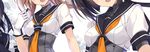  akizuki_(kantai_collection) black_hair black_sailor_collar braid brown_hair gloves hair_ornament hatsuzuki_(kantai_collection) kantai_collection kobayashi_chisato long_hair multiple_girls neckerchief ponytail propeller_hair_ornament sailor_collar school_uniform serafuku short_hair short_sleeves teruzuki_(kantai_collection) twin_braids white_gloves yellow_neckwear 