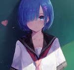  alternate_costume blue_eyes blue_hair chalkboard collarbone hair_ornament hair_over_one_eye heart re:zero_kara_hajimeru_isekai_seikatsu rem_(re:zero) school_uniform serafuku shadow short_hair solo tr_(hareru) upper_body x_hair_ornament 