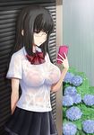  bangs black_hair bra bra_through_clothes breasts brown_eyes cellphone glasses large_breasts long_hair original oyabun_(higashi) phone pleated_skirt rain school_uniform see-through skirt smartphone solo underwear wet wet_clothes 