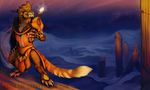  anthro blackchaos666 charr claws clothing desert detailed_background fangs feline female flat_chested fluffy fluffy_tail fur guild_wars hi_res horn mammal mane multi_ear night sky solo staff tan_fur video_games yellow_eyes 