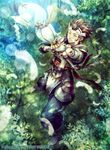  asama_(fire_emblem_if) bracelet brown_hair closed_eyes company_name feathers fire_emblem fire_emblem_cipher fire_emblem_if full_body grass headband hosi_cobalt japanese_clothes jewelry leaf male_focus nature official_art solo staff tree 