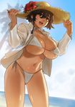  :d asakura_(narisokonai) ass_visible_through_thighs bare_legs beach bikini bikini_under_clothes black_hair braid breasts brown_eyes buttons collarbone collared_shirt commentary_request covered_nipples cowboy_shot day eyebrows_visible_through_hair fingernails flower hair_between_eyes hands_on_headwear hands_up hat hat_flower highres huge_breasts long_sleeves looking_afar narisokonai navel ocean open_clothes open_mouth open_shirt original outdoors palm_tree shiny shiny_skin shirt short_hair side-tie_bikini side-tie_bottom side_braid single_braid sky smile solo standing stomach straw_hat summer swimsuit tan tree unbuttoned unbuttoned_shirt white_bikini white_shirt wing_collar 