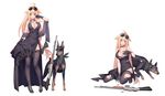  ahoge aviator_sunglasses blonde_hair blush breasts choker cleavage covering covering_breasts doberman dog dress eyewear_on_head formal full_body girls_frontline gloves green_eyes gun high_heels jewelry large_breasts long_hair low-tied_long_hair m1918_bar m1918_bar_(girls_frontline) machine_gun necklace official_art smile suisai sunglasses thighhighs torn_clothes torn_dress torn_legwear very_long_hair weapon 