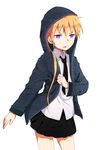  alice_(openhexagon) black_neckwear black_skirt blonde_hair blue_eyes eyebrows_visible_through_hair hood hoodie kill_me_baby long_hair looking_at_viewer necktie parted_lips skirt solo sonya_(kill_me_baby) twintails 