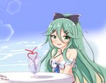  adapted_costume alternate_costume bikini blush breasts choker cleavage collarbone crazy_straw cup drinking_glass drinking_straw flying_sweatdrops green_eyes green_hair hair_between_eyes hair_ornament hair_ribbon hairclip heart_straw kantai_collection long_hair looking_at_viewer medium_breasts niku114514810 open_mouth ponytail ribbon solo swimsuit table wavy_mouth yamakaze_(kantai_collection) 