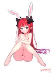  :o aak animal_ears artist_name bangs bar_censor barefoot black_bow blush bow breasts bunny_ears censored collarbone dungeon_and_fighter embarrassed extra_ears full_body grey_eyes hair_bow hair_ornament hands_up highres knees_up long_hair looking_at_viewer mage_(dungeon_and_fighter) navel nipples nude open_mouth pointy_ears red_hair signature simple_background sitting small_breasts solo toes very_long_hair white_background 