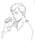  alphonse_elric blackfoxes earrings finger_to_mouth fingernails fullmetal_alchemist greyscale highres jewelry looking_away male_focus monochrome serious shirt simple_background solo white_background 