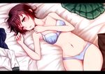  blue_bra blue_panties bra breasts brown_eyes brown_hair gradient_hair highres jacket jacket_removed jewelry kantai_collection lying multicolored_hair mutsuki_(kantai_collection) nuka_(nvkka) on_bed panties pantyhose pantyhose_removed red_hair remodel_(kantai_collection) ring shirt_removed short_hair skirt skirt_removed small_breasts solo tears underwear underwear_only wedding_band 