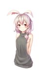  animal_ears arms_behind_back backless_dress backless_outfit bangs benghuai_xueyuan blush brown_eyes bunny_ears closed_mouth commentary_request dress eyebrows_visible_through_hair grey_hair grey_sweater hair_over_shoulder halterneck hei_huo_chong highres light_smile long_hair looking_at_viewer meme_attire naked_sweater ribbed_sweater simple_background smile solo sweater sweater_dress theresa_apocalypse turtleneck turtleneck_sweater upper_body virgin_killer_sweater white_background 