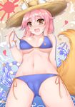  animal_ears bikini blue_bikini blush breasts cleavage ears_through_headwear fate/extra fate/extra_ccc fate/grand_order fate_(series) fox_ears fox_tail hat kakukaku_(atelier_wings) large_breasts long_hair looking_at_viewer navel pink_hair solo sun_hat swimsuit tail tamamo_(fate)_(all) tamamo_no_mae_(fate) tamamo_no_mae_(swimsuit_lancer)_(fate) yellow_eyes 